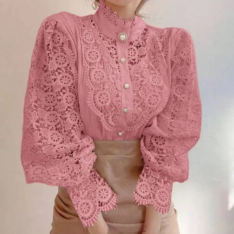 Chic Blouse, Lace Hollow Sleeve Elegant Top, Vintage Fashion Office Lady Outfits
