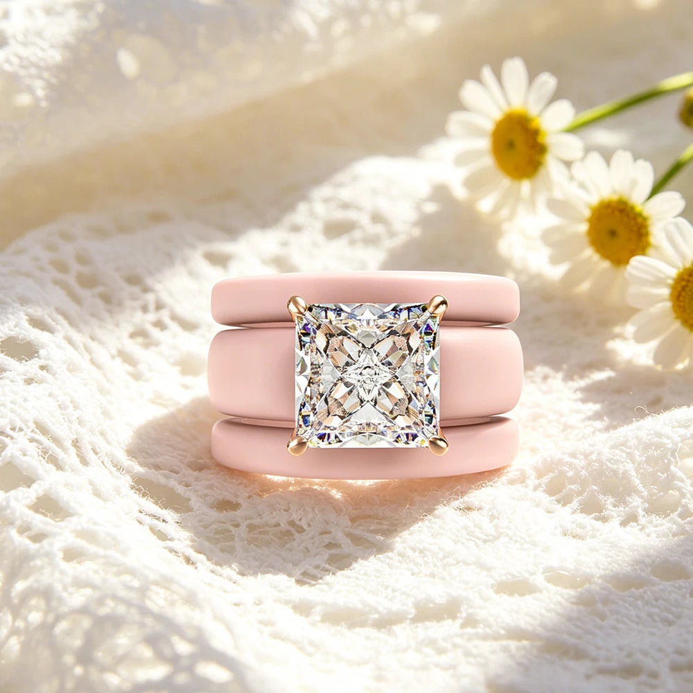 Princess Cut CZ Ring with 3-Layer Pink Silicone Band, Modern Chunky