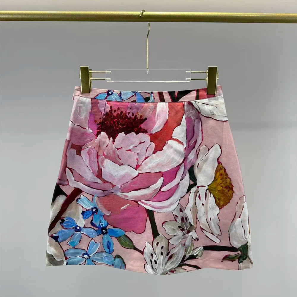 Women's Oil Painting Floral Print Mini Skirt High Waist A-Line Short
