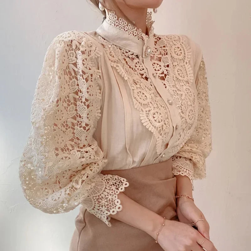 Chic Blouse, Lace Hollow Sleeve Elegant Top, Vintage Fashion Office Lady Outfits
