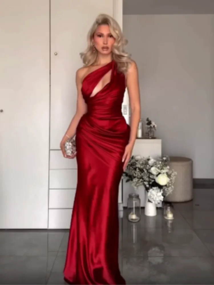 One-shoulder Ruched Satin Elegant Sleeveless Cutout Waist-cinching Flowy Dresses Lady