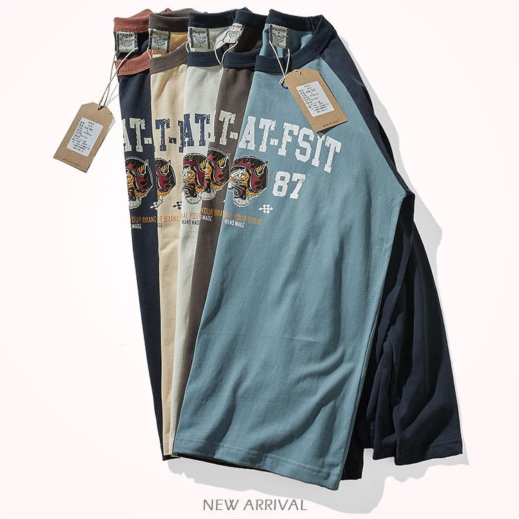 Locomotive Printed T-shirt 100% Cotton Wash Contrast Splicing Casual Tops