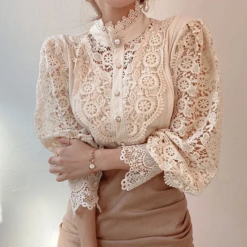 Chic Blouse, Lace Hollow Sleeve Elegant Top, Vintage Fashion Office Lady Outfits