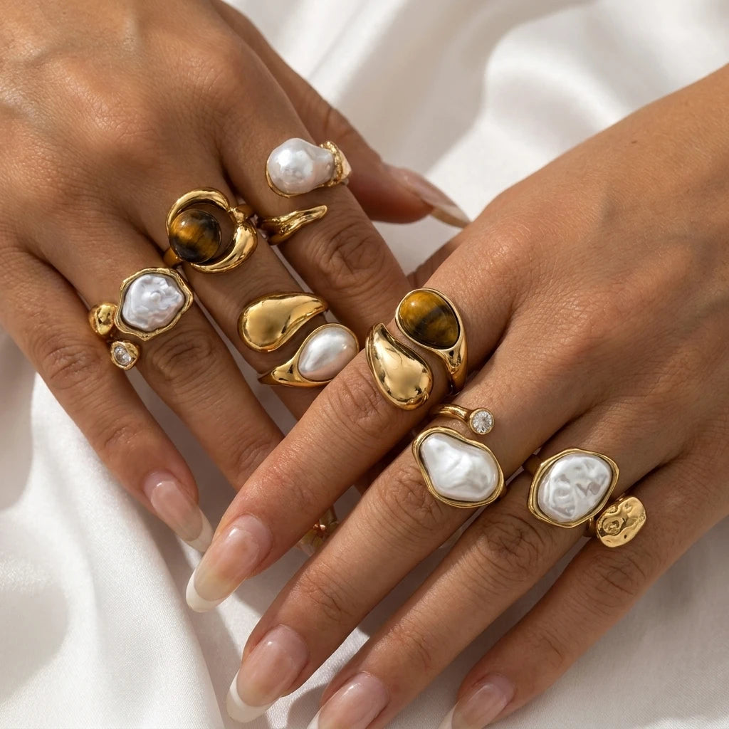 Chunky Vintage Baroque Pearl Gold Ring for Women Waterproof Stainless