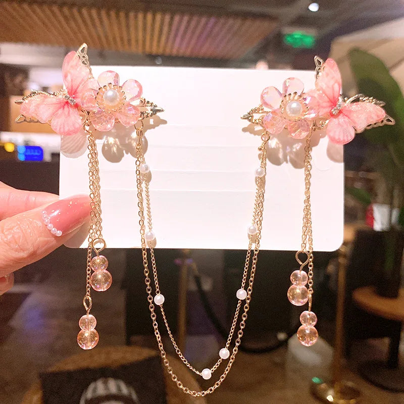 1pair Retro Flower Butterfly Tassel Side Hair Clip Hanfu Style Hair