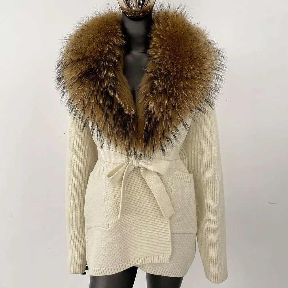 Natural Fox Fur Sweater Belt Knitted Oversized Knitted Cardigan Real Fur