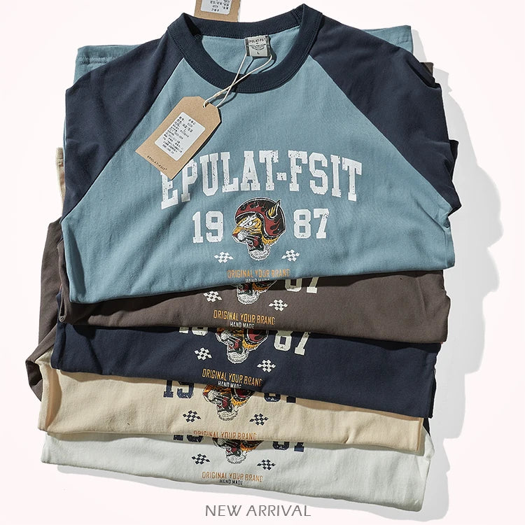 Locomotive Printed T-shirt 100% Cotton Wash Contrast Splicing Casual Tops