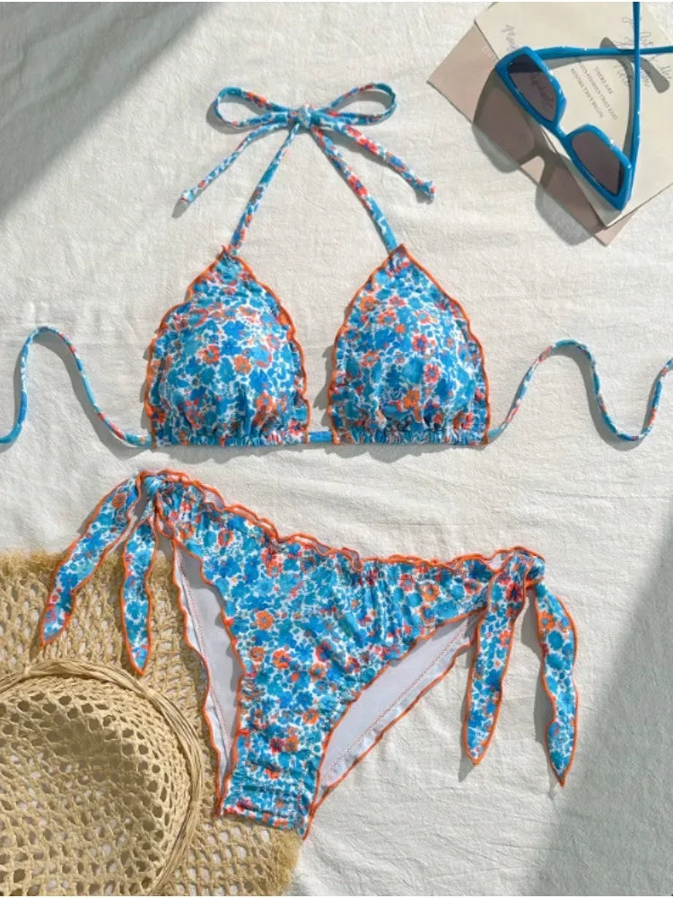 Cute Bikini Set Up Tie Side Thong Swimsuit Bathing Suit
