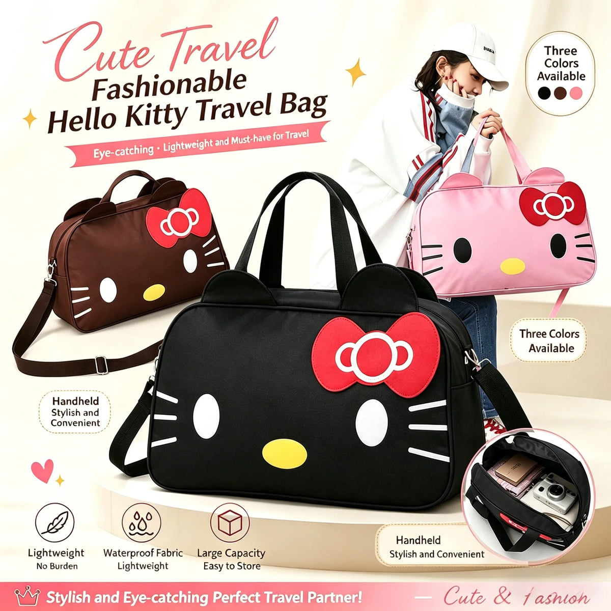 Hello Kitty Foldable Travel Duffle Bag Lightweight Large Capacity