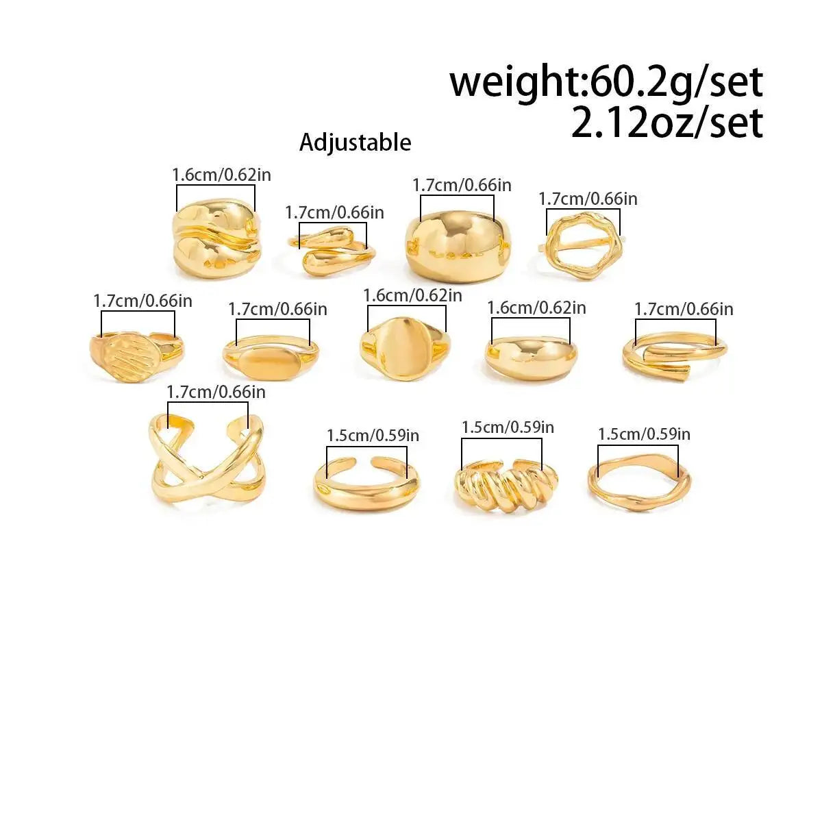 13Pcs/Set Vintage Metal Curved Open Rings