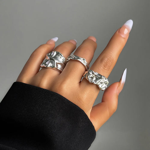 3 Pcs Punk Chunky Irregular Rings Set for Women Creative Geometric