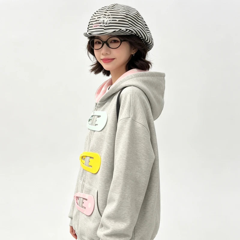 Pink Polka Dot Lined Hood 3D Giant Hair Clip Decor Zip up Hoodie