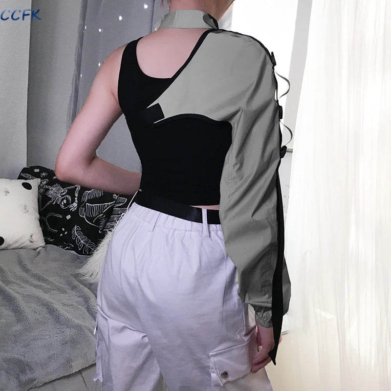 Y2k Aesthetic Reflective Women Techwear Top E-girl Punk Irregular