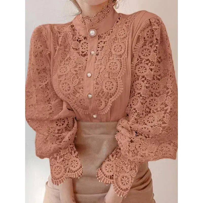 Chic Blouse, Lace Hollow Sleeve Elegant Top, Vintage Fashion Office Lady Outfits