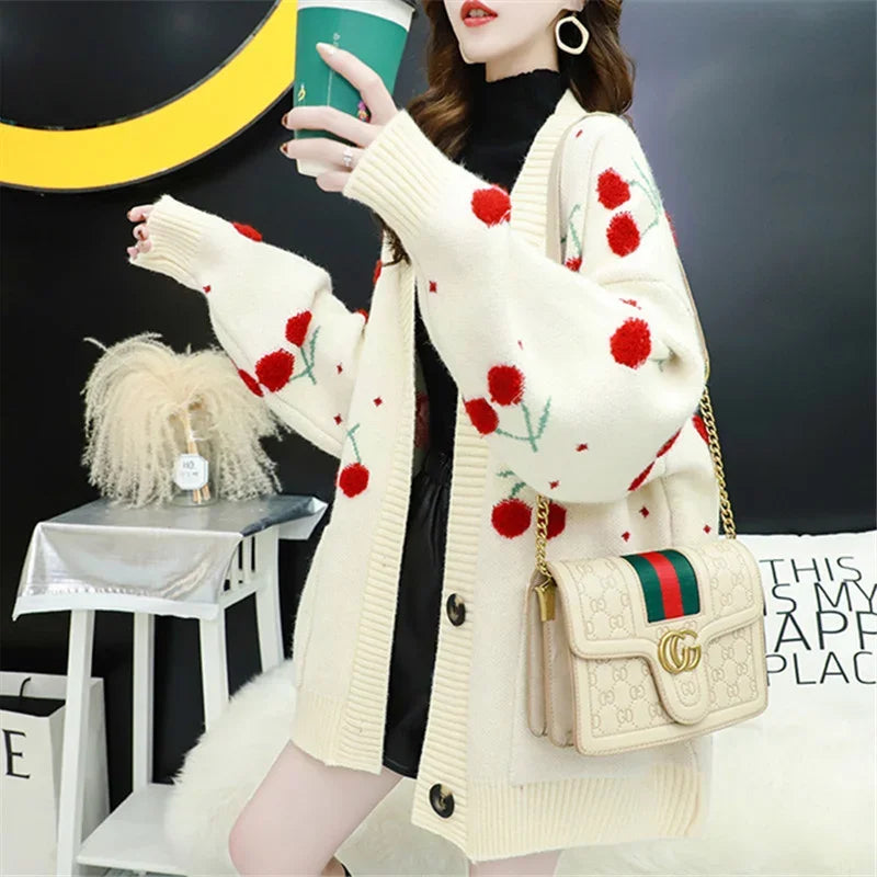 Sweater Cardigan Women Jacket Coat Loose Cherry Embroidery Knitted Cardigan
