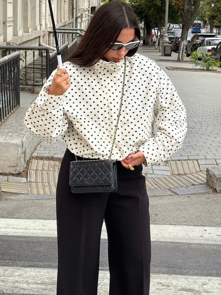 Polka Dot Print Short Long Sleeves Turtleneck Zipper With Pockets Drawstring