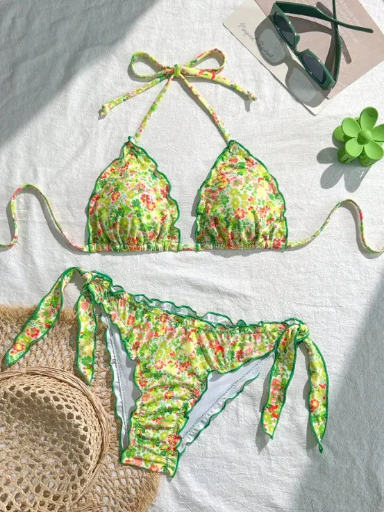 Cute Bikini Set Up Tie Side Thong Swimsuit Bathing Suit