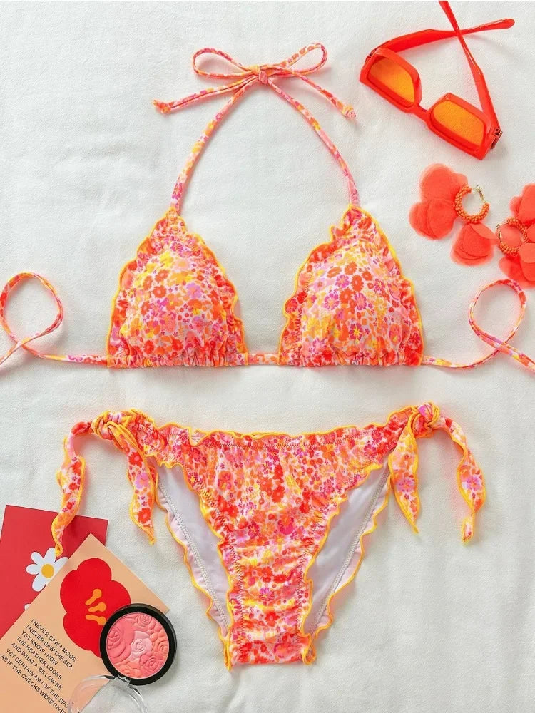 Cute Bikini Set Up Tie Side Thong Swimsuit Bathing Suit