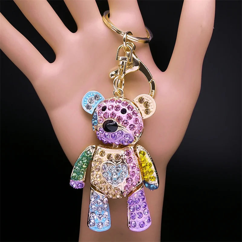Cute Sweet Colorful Full Crystal Big Bear Key Chain Alloy Rhinestone