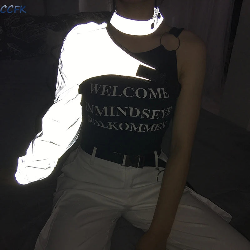 Y2k Aesthetic Reflective Women Techwear Top E-girl Punk Irregular