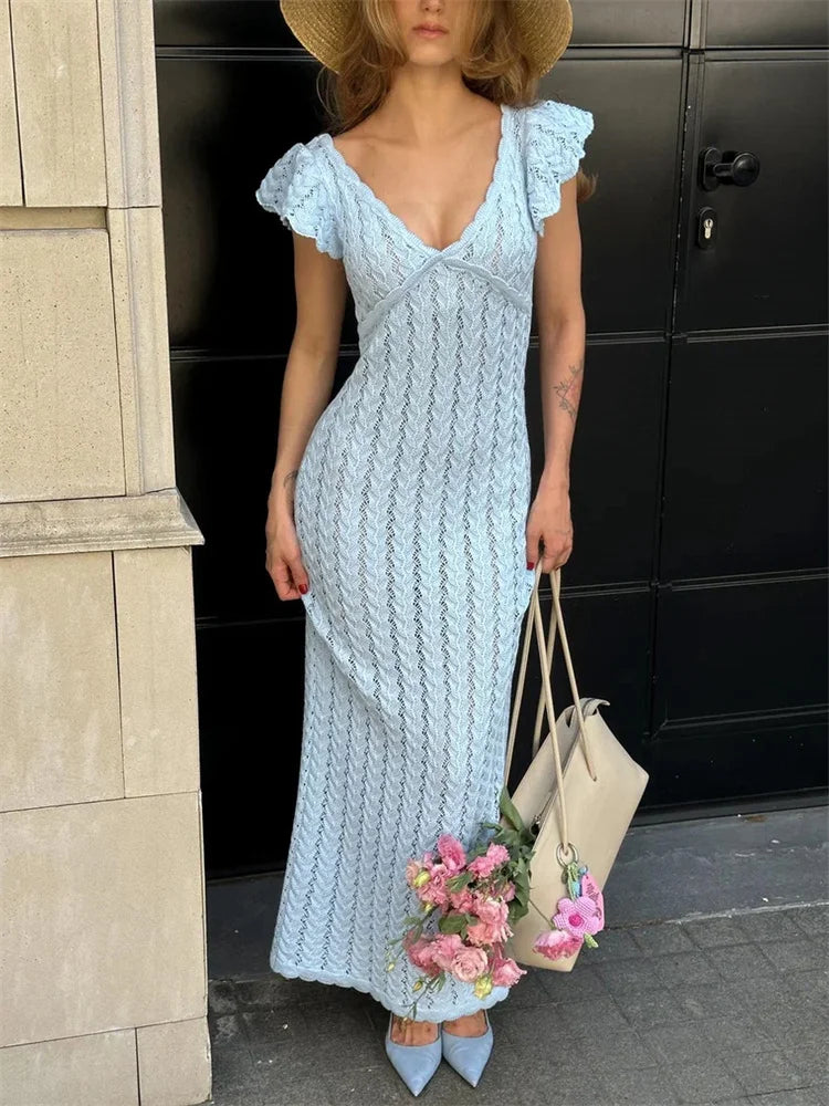 Tossy Ruffled Hollow Out Knit Long Dress