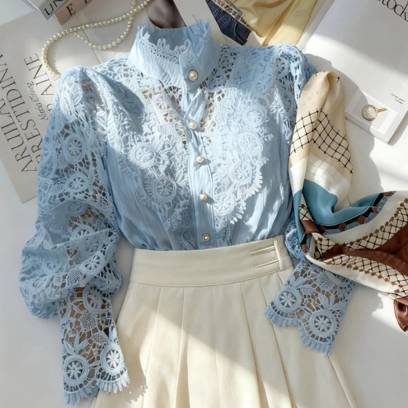 Chic Blouse, Lace Hollow Sleeve Elegant Top, Vintage Fashion Office Lady Outfits