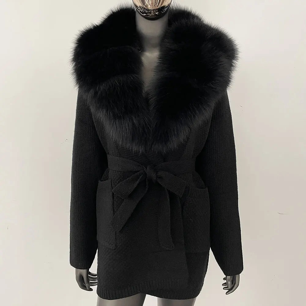 Natural Fox Fur Sweater Belt Knitted Oversized Knitted Cardigan Real Fur