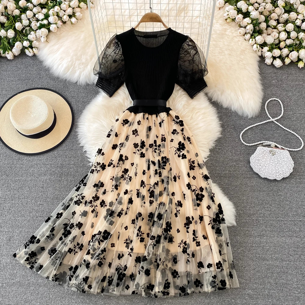 Ele Knitted Me Puffy Dr with Bow Tie round Ne Splice A-Line Midi Skirt for Young Women Summer Commute Sle