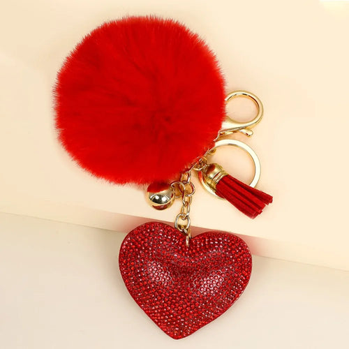 Fashion Fluffy Plush Ball Keychain Faux Fur Pompom Rhinestone Heart