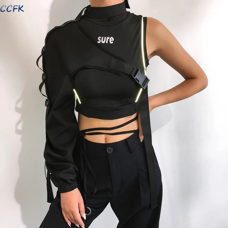 Y2k Aesthetic Reflective Women Techwear Top E-girl Punk Irregular