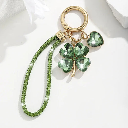 Four Leaf Clover Keychain for Women Rhinestone Bag Charm with Wrist