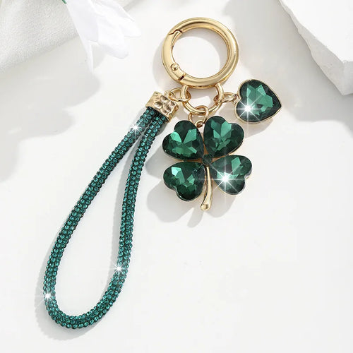 Four Leaf Clover Keychain for Women Rhinestone Bag Charm with Wrist