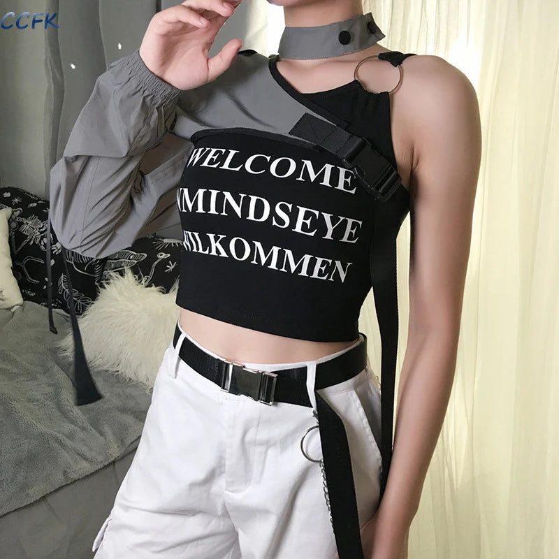 Y2k Aesthetic Reflective Women Techwear Top E-girl Punk Irregular
