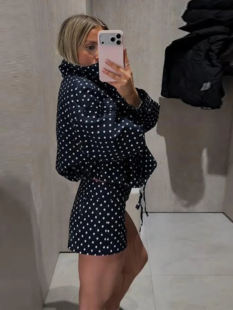 Polka Dot Shorts Set For r Zipper Jacket & High Waist Shorts Lady Chic Outfits