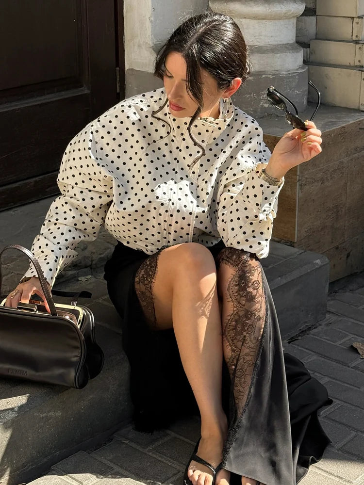Polka Dot Print Short Long Sleeves Turtleneck Zipper With Pockets Drawstring