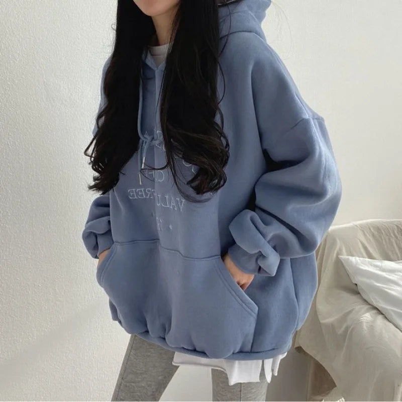 Woman 2025 Autumn and Winter Street Loose Embroidery Casual Hoodies New Plush Hooded Sweatshirt Women Sweatshirts