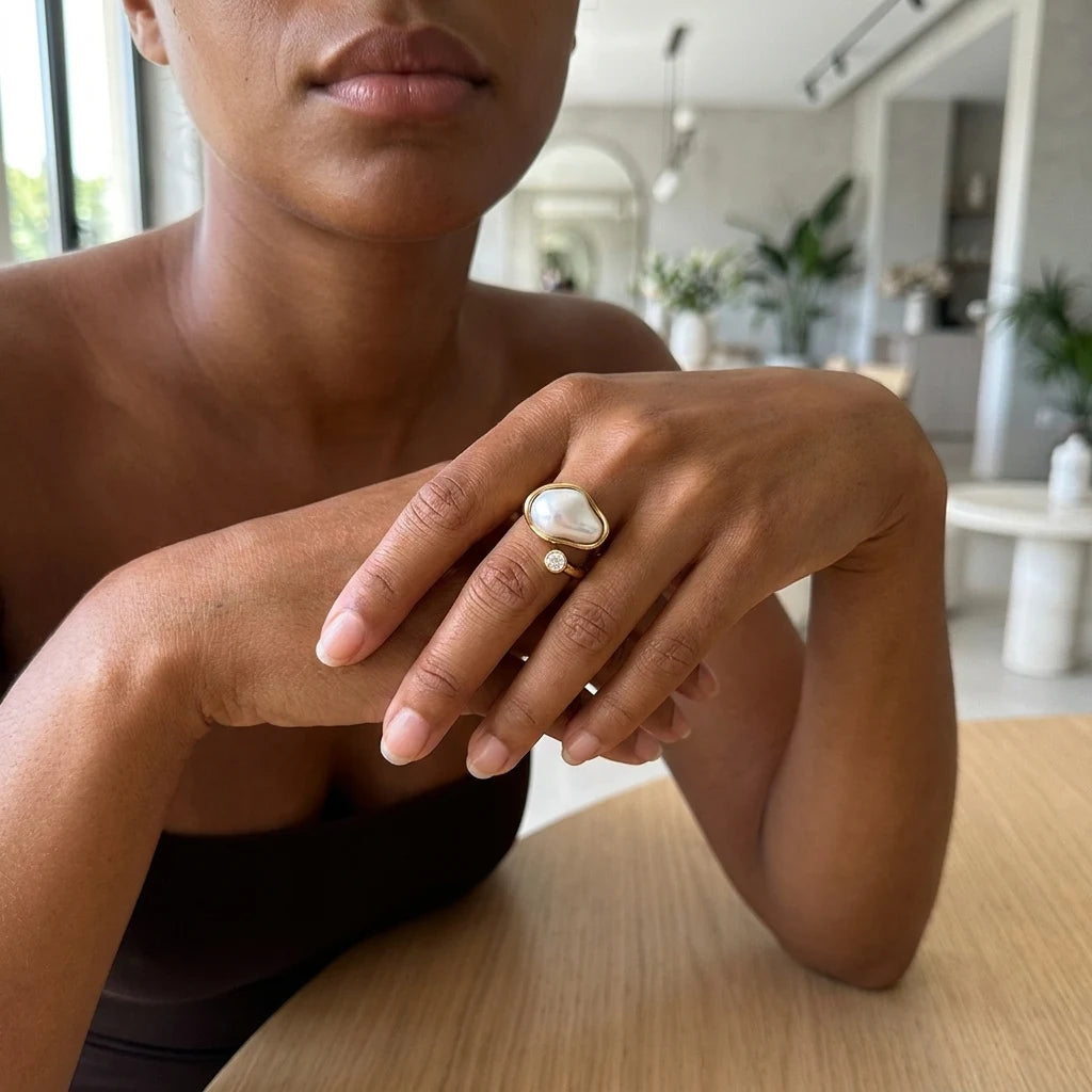 Chunky Vintage Baroque Pearl Gold Ring for Women Waterproof Stainless