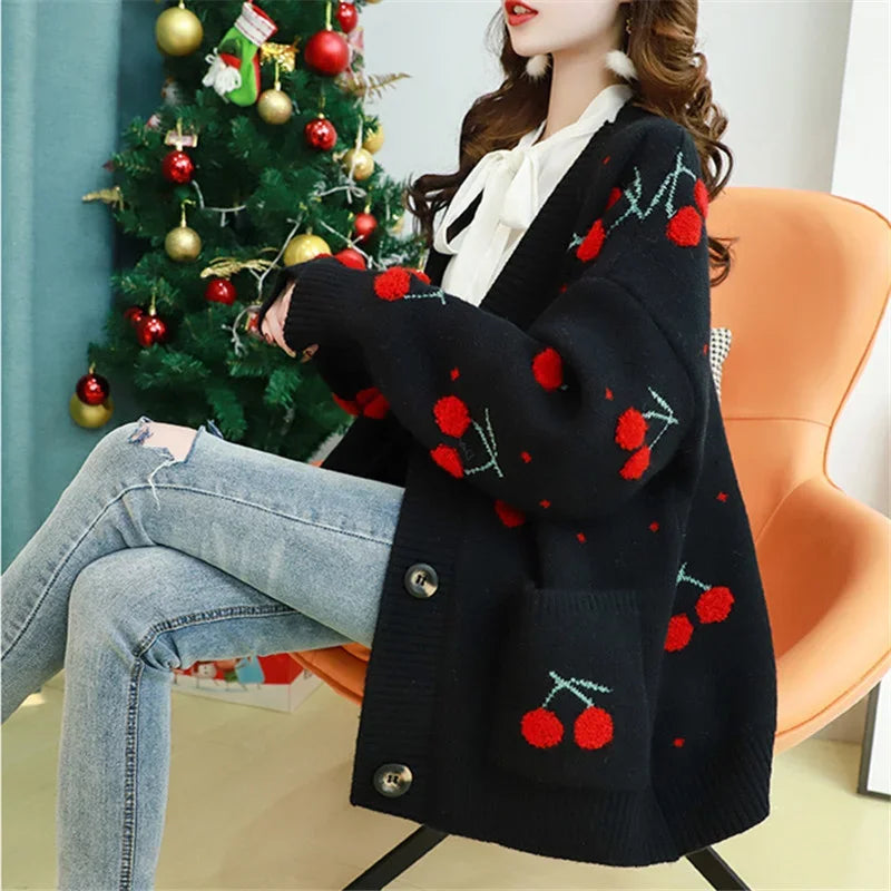Sweater Cardigan Women Jacket Coat Loose Cherry Embroidery Knitted Cardigan