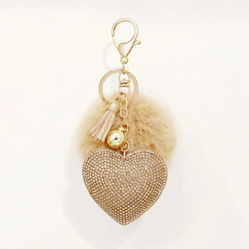 Fashion Fluffy Plush Ball Keychain Faux Fur Pompom Rhinestone Heart
