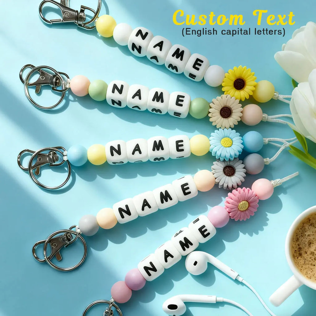 1 personalized custom daisy silicone keychain, beaded keychain,