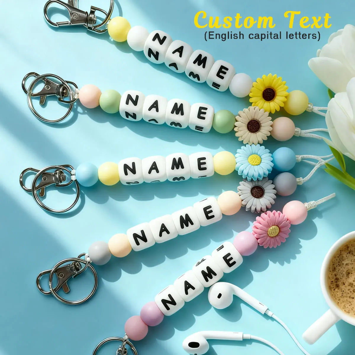 1 personalized custom daisy silicone keychain, beaded keychain,
