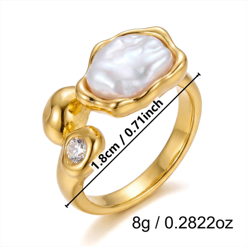 Chunky Vintage Baroque Pearl Gold Ring for Women Waterproof Stainless
