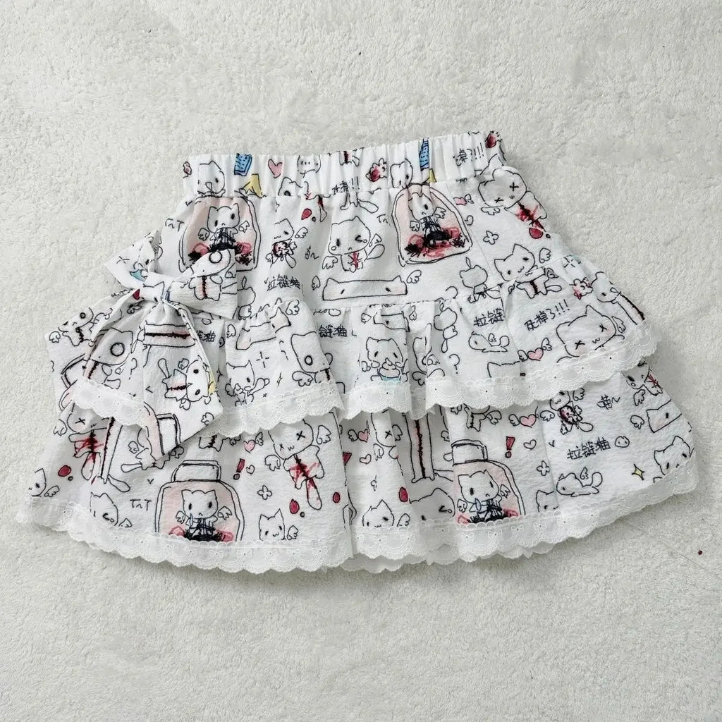 Subculture Cartoon Cute Bow Lace Ruffles Slim Waist Women Y2k Skirt
