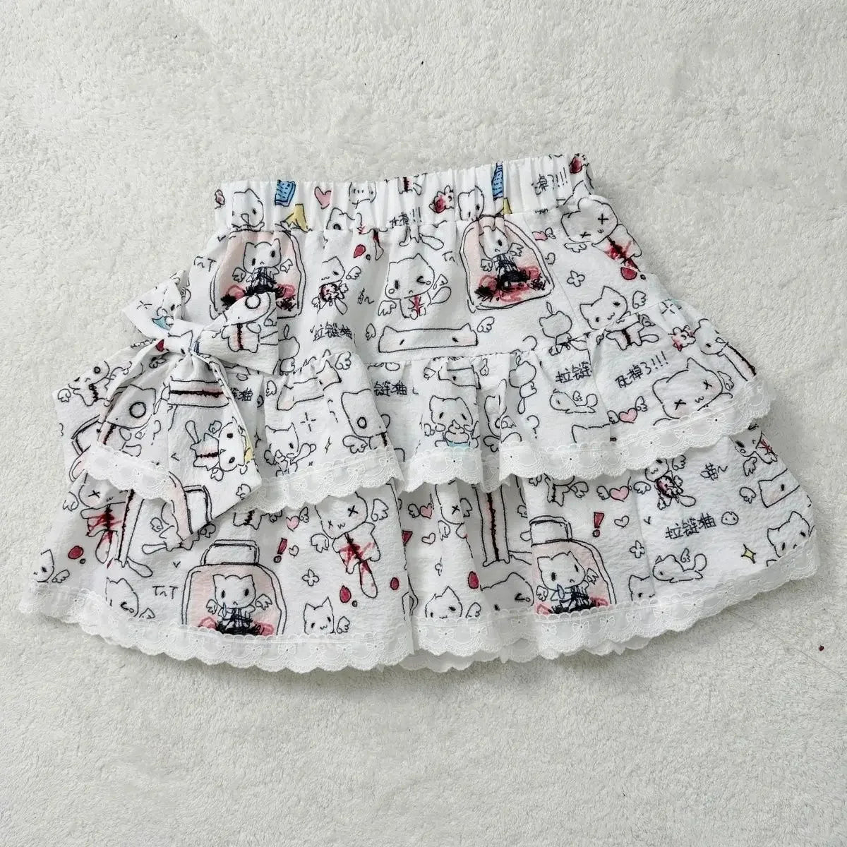 Subculture Cartoon Cute Bow Lace Ruffles Slim Waist Women Y2k Skirt