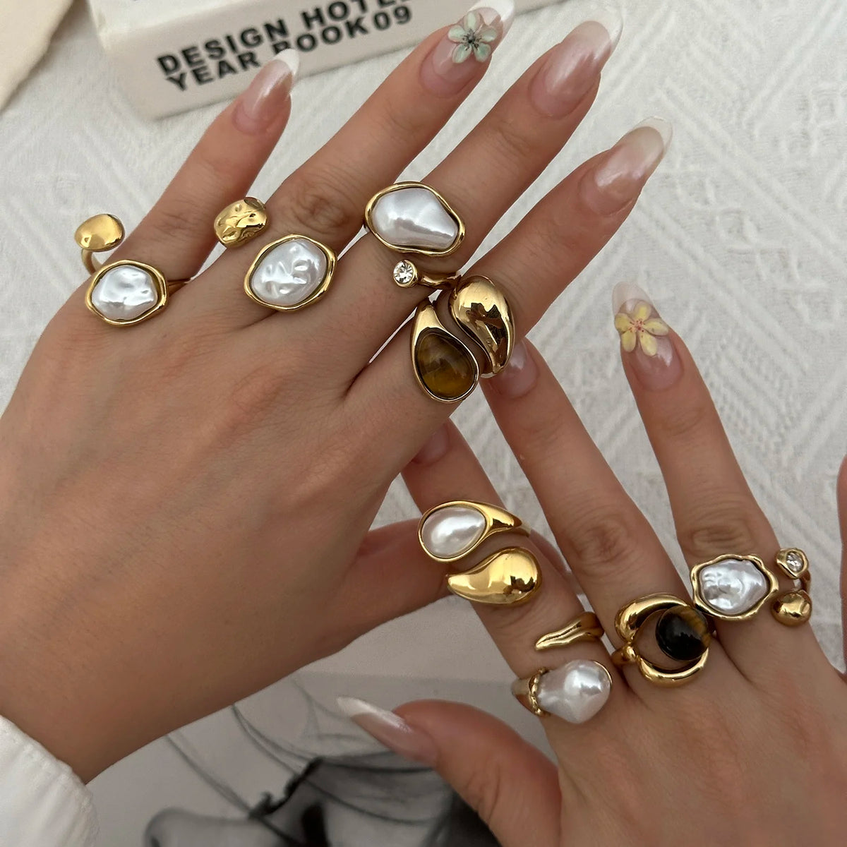 Chunky Vintage Baroque Pearl Gold Ring for Women Waterproof Stainless