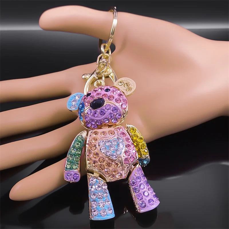 Cute Sweet Colorful Full Crystal Big Bear Key Chain Alloy Rhinestone