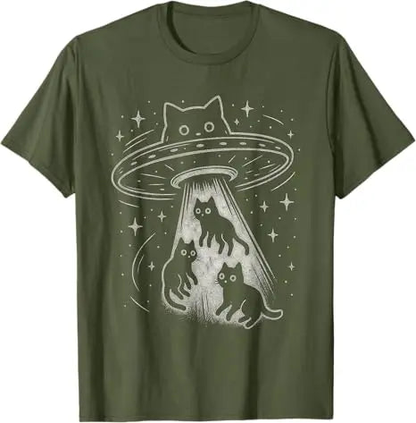 Cat UFO Space Spaceship Alien Aesthetic T-Shirt Y2k Space-Ship Novelty Tee