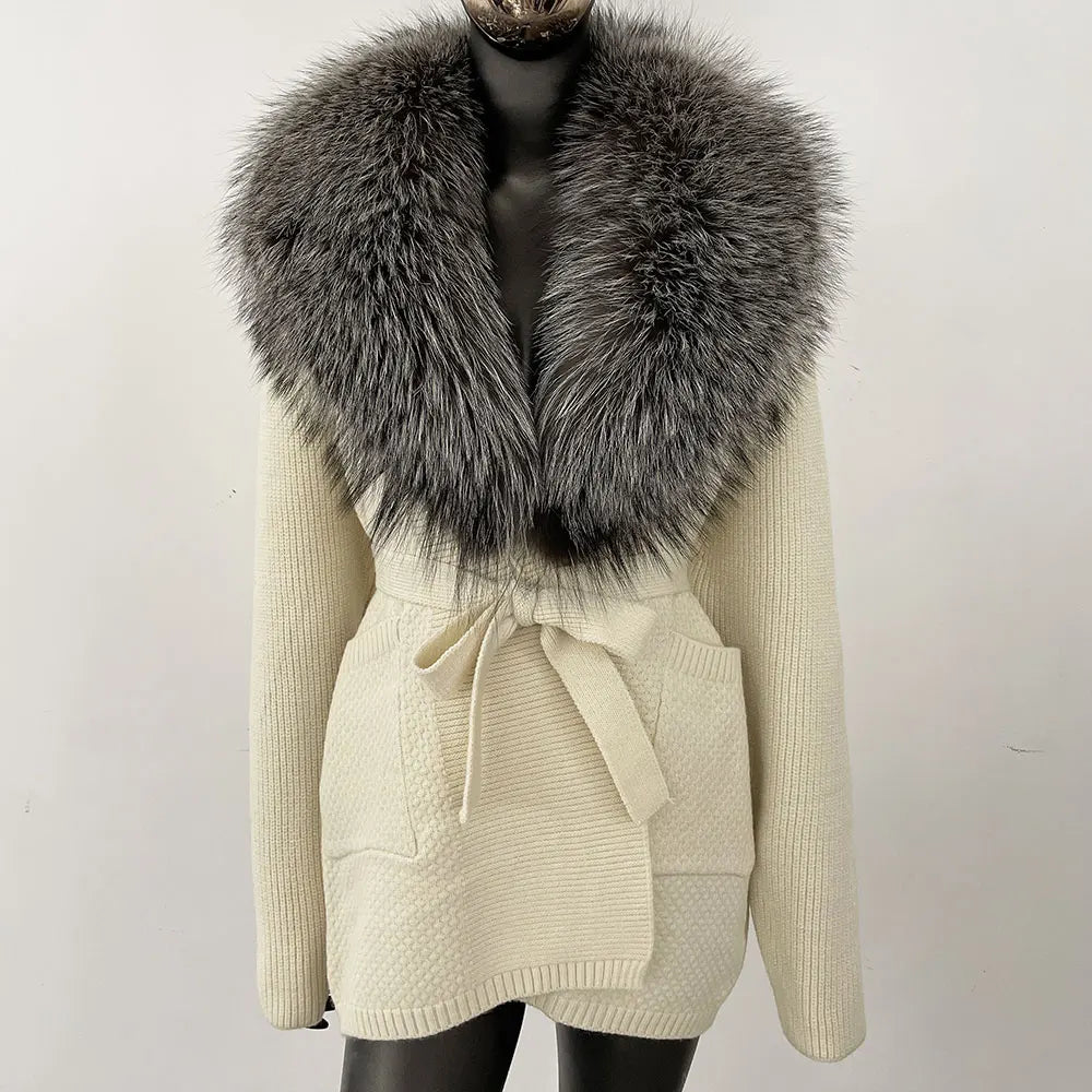 Natural Fox Fur Sweater Belt Knitted Oversized Knitted Cardigan Real Fur