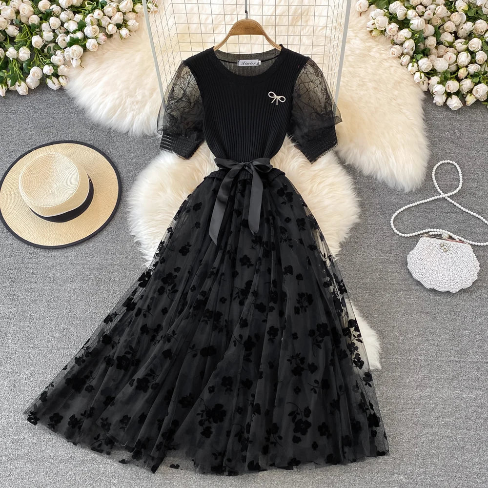 Ele Knitted Me Puffy Dr with Bow Tie round Ne Splice A-Line Midi Skirt for Young Women Summer Commute Sle