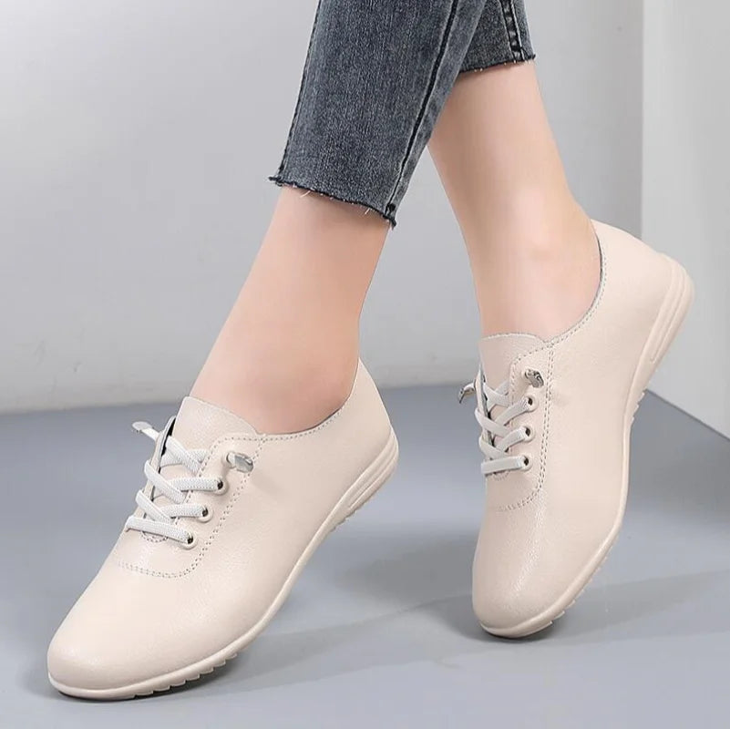 Female Ladies Women's Genuine Leather Flats Shoes Loafers Soft